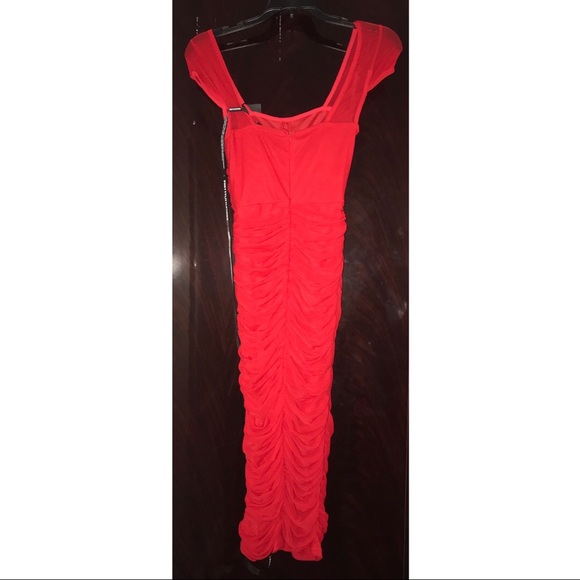 Pretty little thing Red Mesh Ruched Midi Dress - Picture 6 of 7